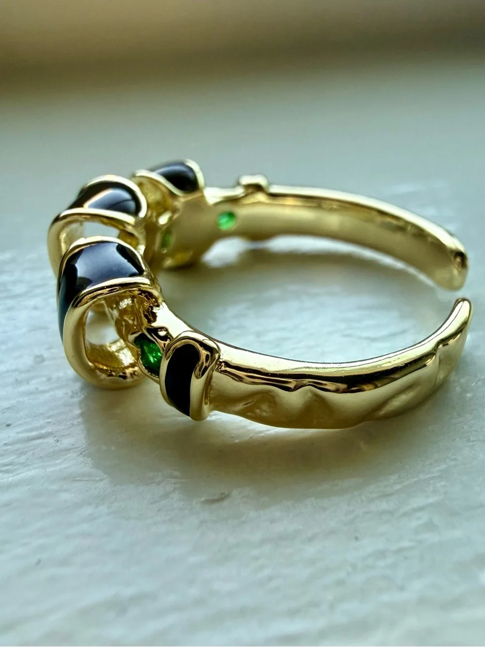 NEW! 18k Yellow Gold Plated & Black Enamel and Green Stone Women's Ring